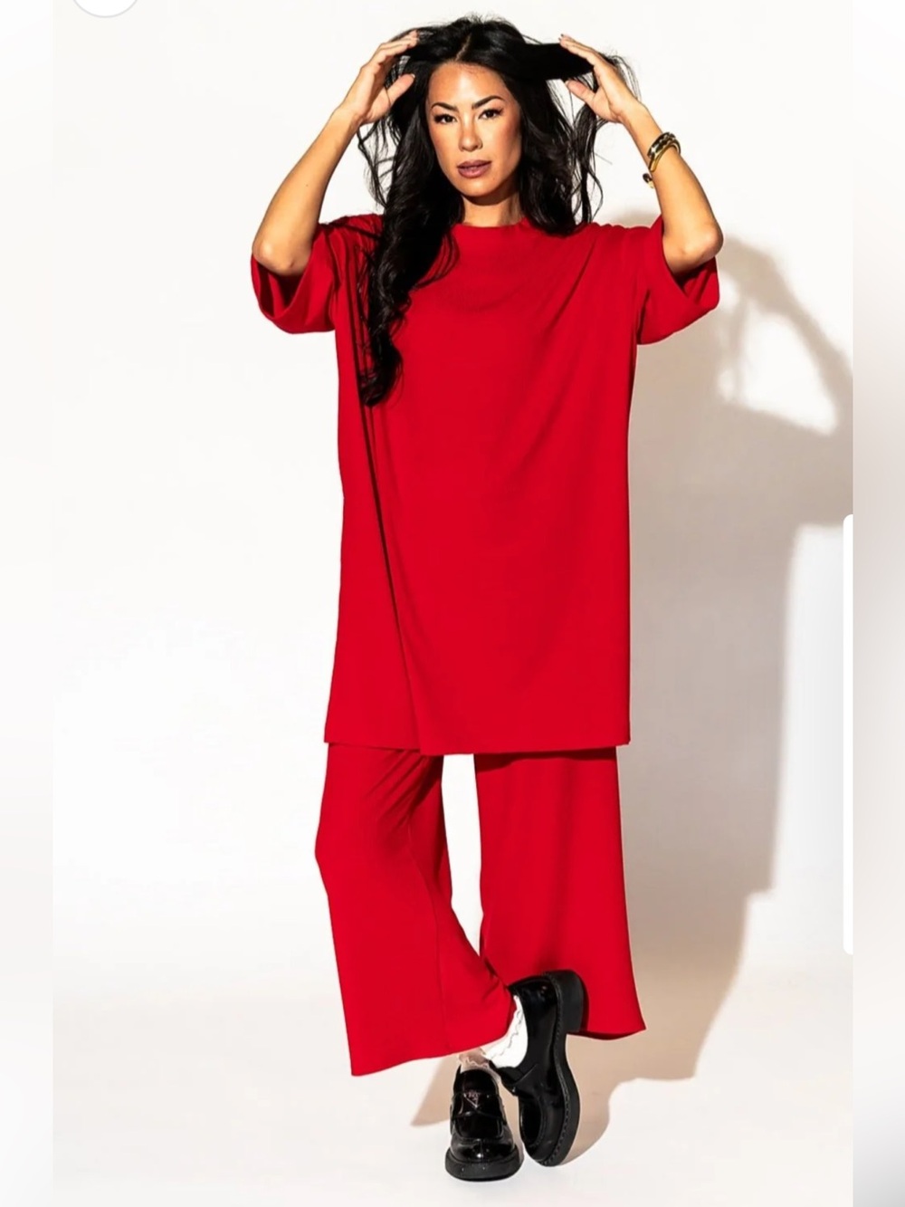 Dressed in Lala Red Ribbed Lex Playsuit Top & Pants 2 Piece Set Sz. L